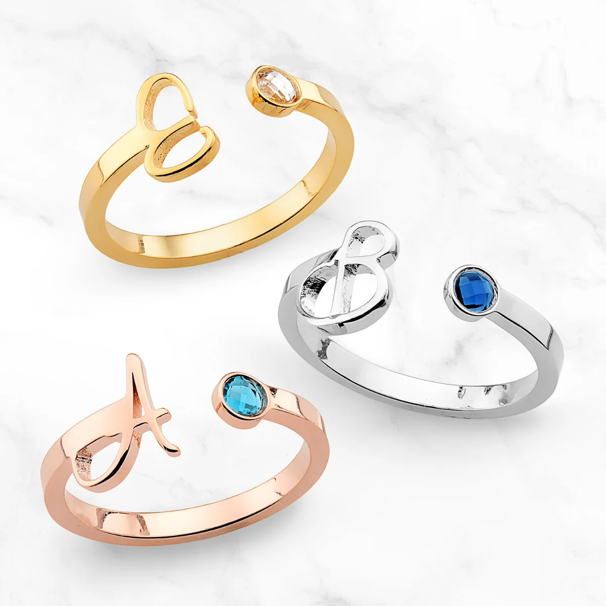 14K Gold Plated Script Initial and Birthstone Open Ring - Image 5
