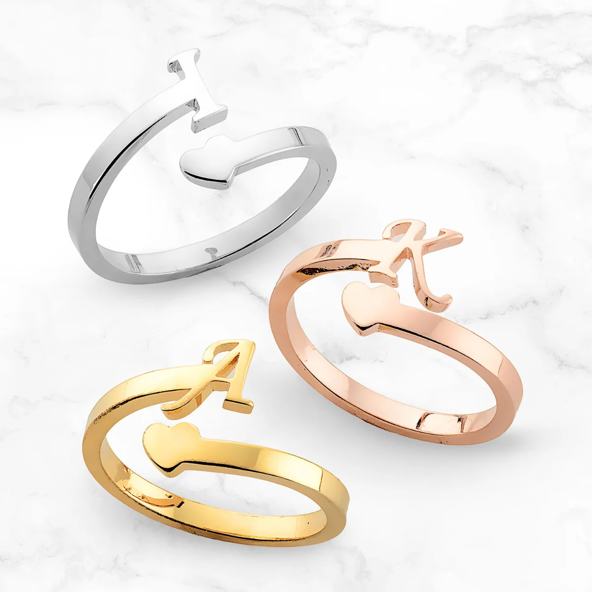 14K Gold Plated Script Initial and Heart Bypass Ring - Image 5
