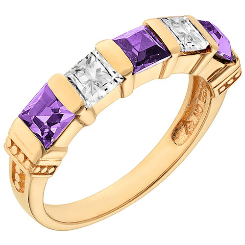14K Gold Plated Simulated Amethyst and Clear Crystal 5 Stone Ring - Image 2