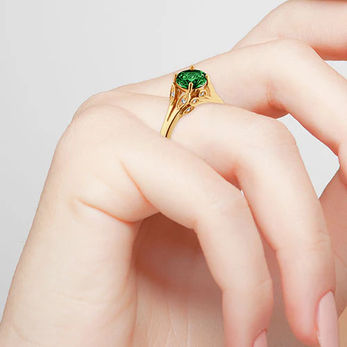 14K Gold Plated Simulated Emerald with Clear Crystal Leaves Ring - Image 3