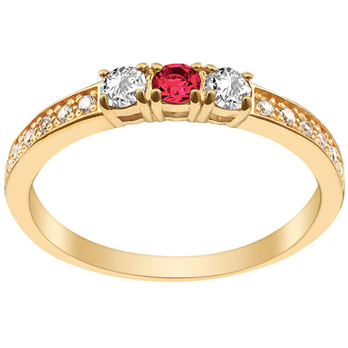 14K Gold Plated Simulated Ruby and Clear Crystal 3-Stone Ring