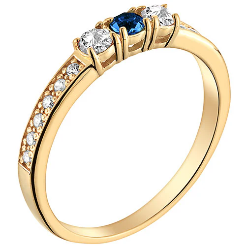 14K Gold Plated Simulated Sapphire and Clear Crystal 3-Stone Ring - Image 2