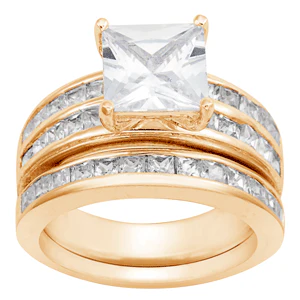 14K Gold Plated Square CZ Solitaire 2 Piece Wedding Ring Set - Image 2
