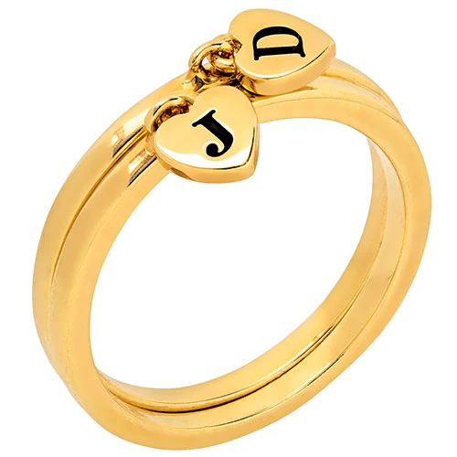 14K Gold Plated Stackable Initial Heart Charm Ring - Set of 2 - Image 3