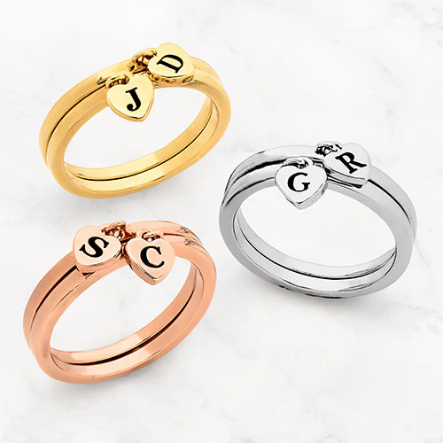 14K Gold Plated Stackable Initial Heart Charm Ring - Set of 2 - Image 5