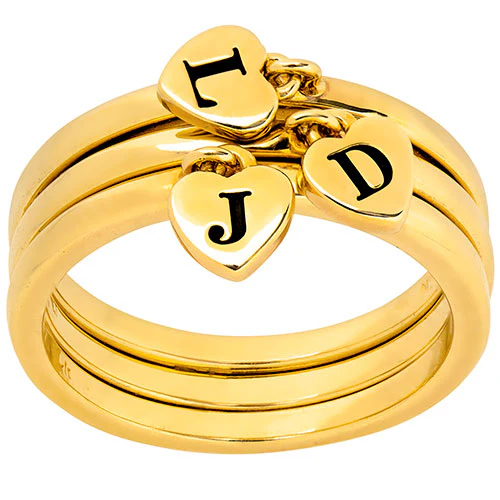 14K Gold Plated Stackable Initial Heart Charm Ring - Set of 3 - Image 2