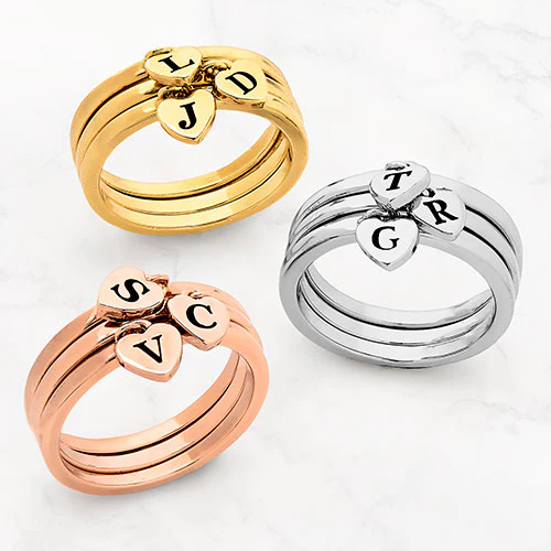 14K Gold Plated Stackable Initial Heart Charm Ring - Set of 3 - Image 5