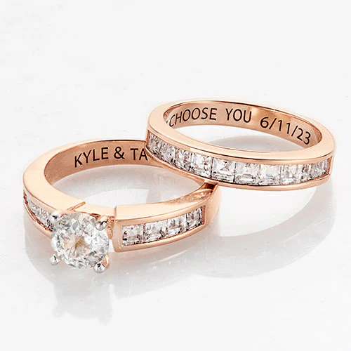 14K Rose Gold over Sterling Brilliant White Topaz 2 Piece Engraved Wedding Set - Image 4