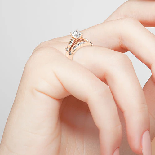 14K Rose Gold over Sterling Brilliant White Topaz 2 Piece Engraved Wedding Set - Image 3