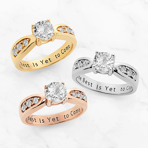 14K Rose Gold over Sterling Brilliant White Topaz Engraved Wedding Ring - Image 4