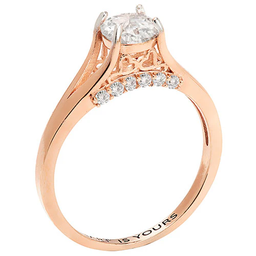 14K Rose Gold over Sterling Brilliant White Topaz Engraved Wedding Ring - Image 2
