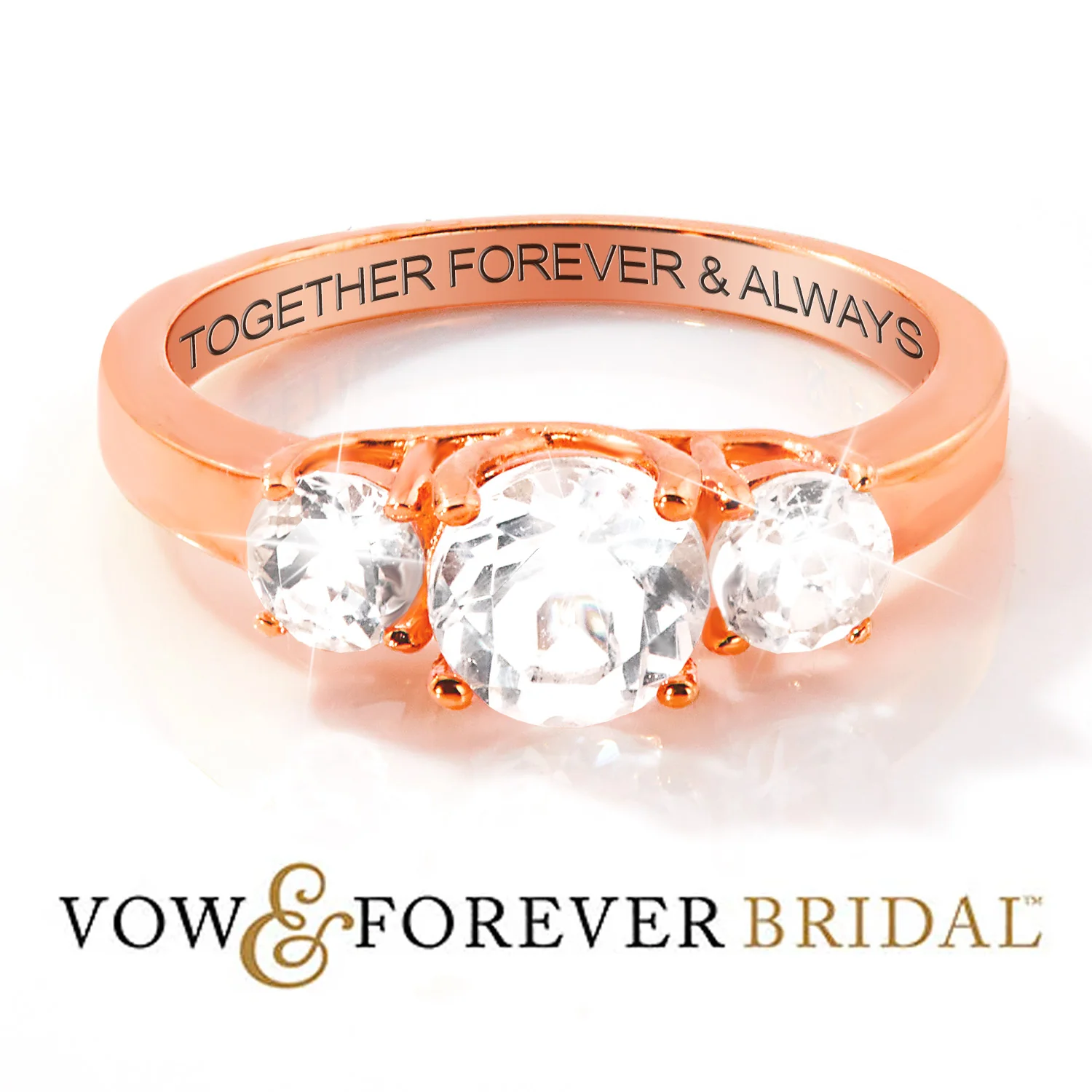 14K Rose Gold over Sterling Brilliant White Topaz Three Stone Engraved Wedding Ring - Image 3