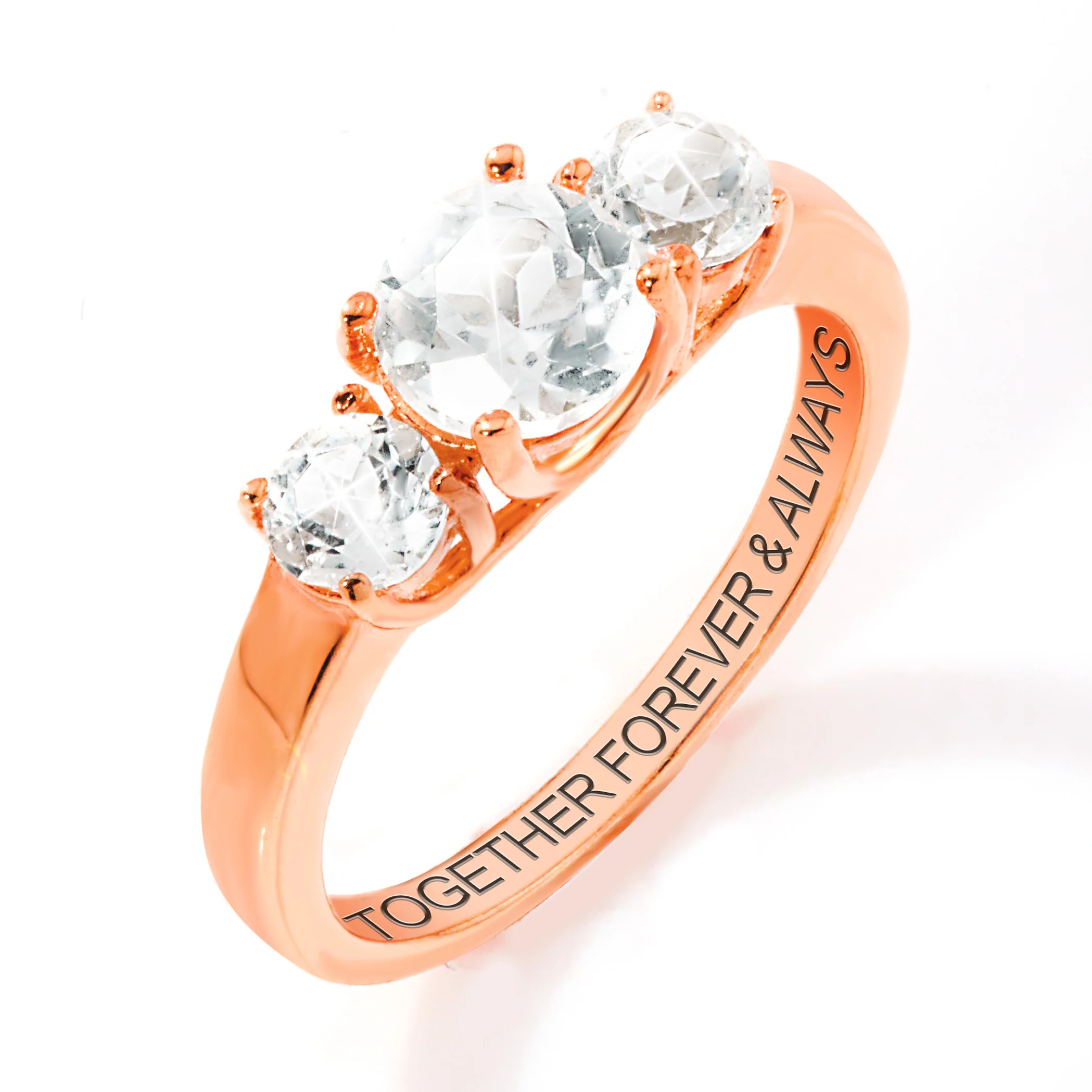 14K Rose Gold over Sterling Brilliant White Topaz Three Stone Engraved Wedding Ring - Image 4
