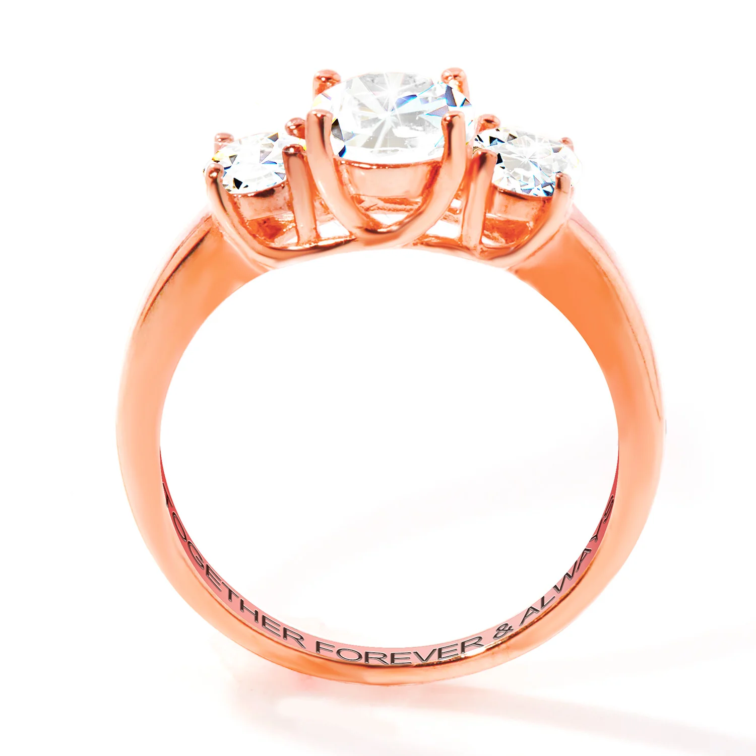 14K Rose Gold over Sterling Brilliant White Topaz Three Stone Engraved Wedding Ring - Image 5