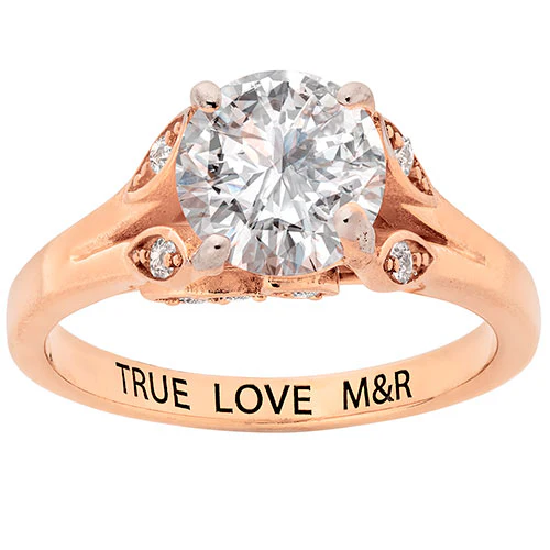 14K Rose Gold over Sterling Brilliant White Topaz with Leaf Detail Engraved Wedding Ring - Image 2