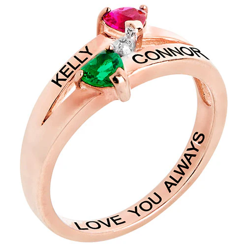 14K Rose Gold over Sterling Couple's Birthstone Heart Diamond Accent Ring - Image 2