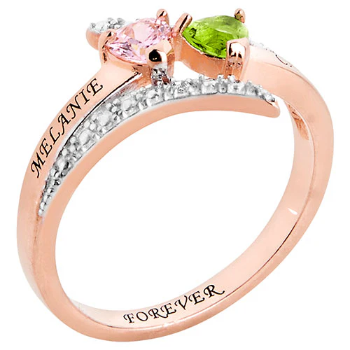 14K Rose Gold over Sterling Couple's Heart Birthstone Bypass Diamond Accent Ring - Image 2