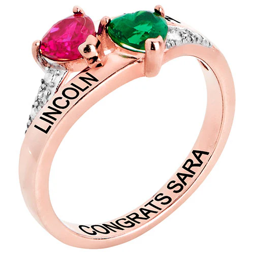 14K Rose Gold over Sterling Double Birthstone Heart Diamond Accent Class Ring - Image 2