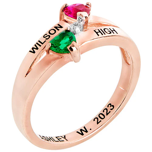 14K Rose Gold over Sterling Double Birthstone Heart Diamond Accent Class Ring - Image 2