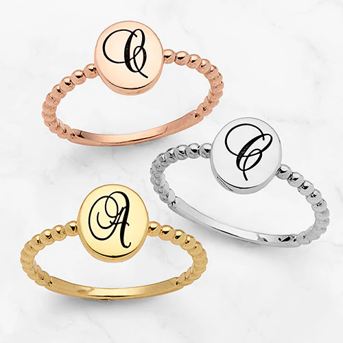 14K Rose Gold over Sterling Engraved Script Initial Beaded Ring - Image 3