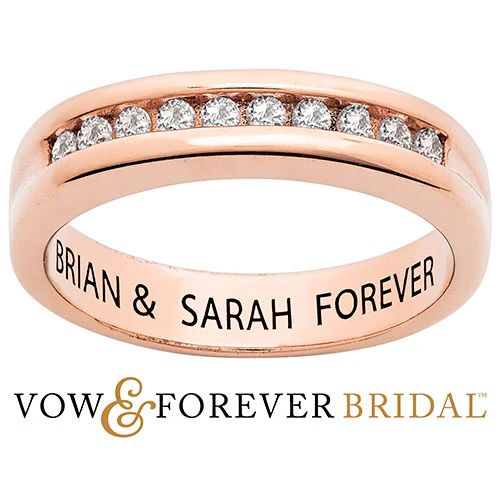 14K Rose Gold over Sterling Engraved White Topaz Wedding Band - Image 2