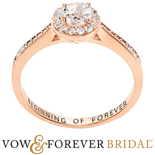 14K Rose Gold over Sterling Halo White Topaz Solitaire Engraved Engagement Ring