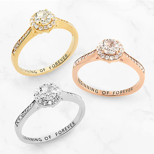 14K Rose Gold over Sterling Halo White Topaz Solitaire Engraved Engagement Ring - Image 4