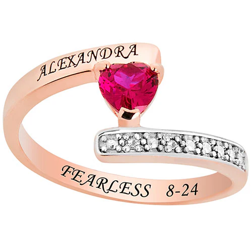 14K Rose Gold over Sterling Heart Birthstone Bypass Diamond Accent Class Ring