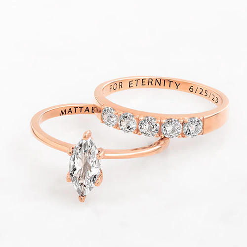 14K Rose Gold over Sterling  Marquise White Topaz 2-Piece Engraved Wedding Ring Set - Image 4