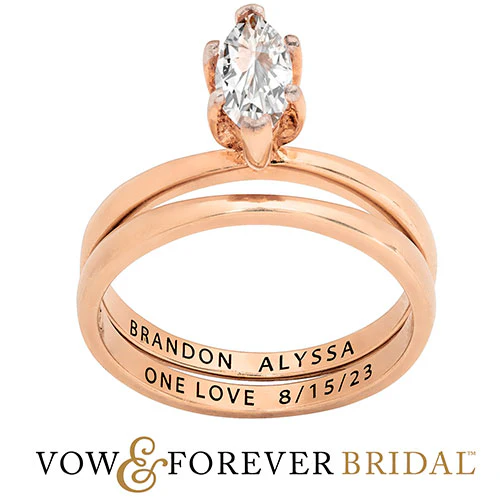 14K Rose Gold over Sterling  Marquise White Topaz 2-Piece Engraved Wedding Ring Set