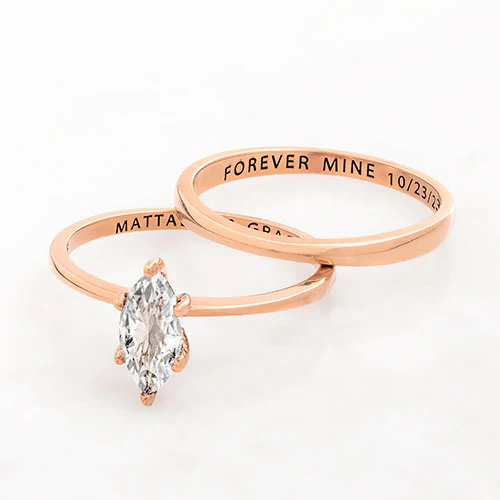 14K Rose Gold over Sterling  Marquise White Topaz 2-Piece Engraved Wedding Ring Set - Image 4