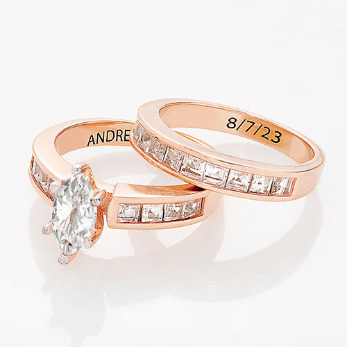14K Rose Gold over Sterling Marquise White Topaz 2 Piece Engraved Wedding Set - Image 4