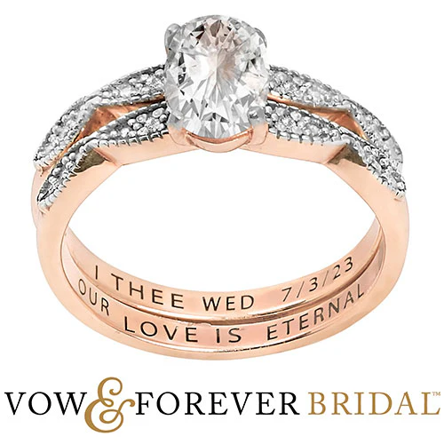 14K Rose Gold over Sterling Oval White Topaz Diamond Accent 2-Piece Engraved Wedding Ring Set - Image 2