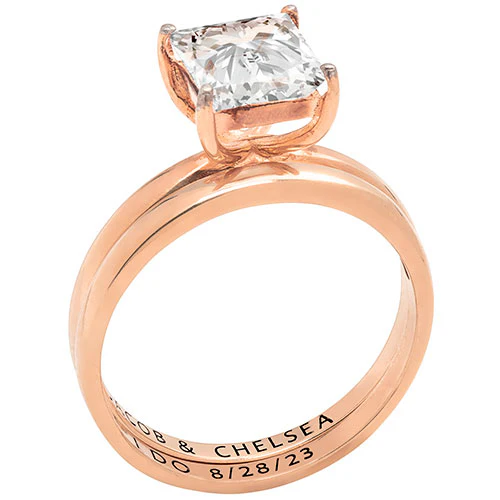 14K Rose Gold over Sterling  Square White Topaz 2-Piece Engraved Wedding Ring Set - Image 2