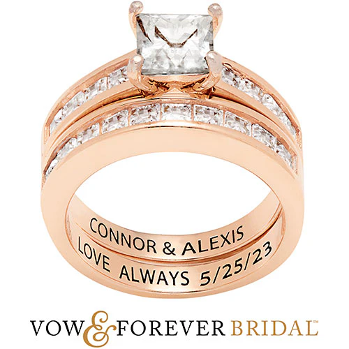 14K Rose Gold over Sterling Square White Topaz 2 Piece Engraved Wedding Set