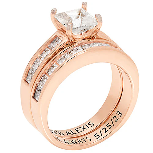 14K Rose Gold over Sterling Square White Topaz 2 Piece Engraved Wedding Set - Image 2