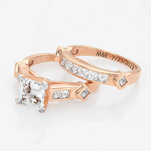 14K Rose Gold over Sterling Square White Topaz 2 Piece Engraved Wedding Set - Image 4