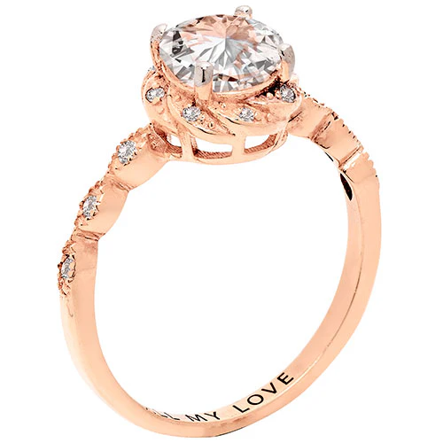 14K Rose Gold over Sterling White Topaz with Halo Diamond Accent Engraved Engagement Ring - Image 2