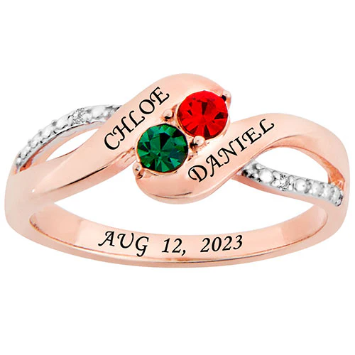 14K Rose Gold Plated Couple's Birthstone Bypass Diamond Accent Ring
