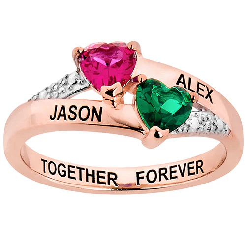 14K Rose Gold Plated Couple's Birthstone Heart Diamond Accent Ring