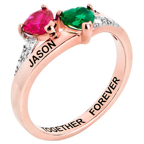 14K Rose Gold Plated Couple's Birthstone Heart Diamond Accent Ring - Image 2