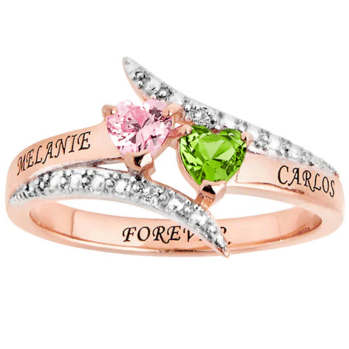 14K Rose Gold Plated Couple's Heart Birthstone Bypass Diamond Accent Ring