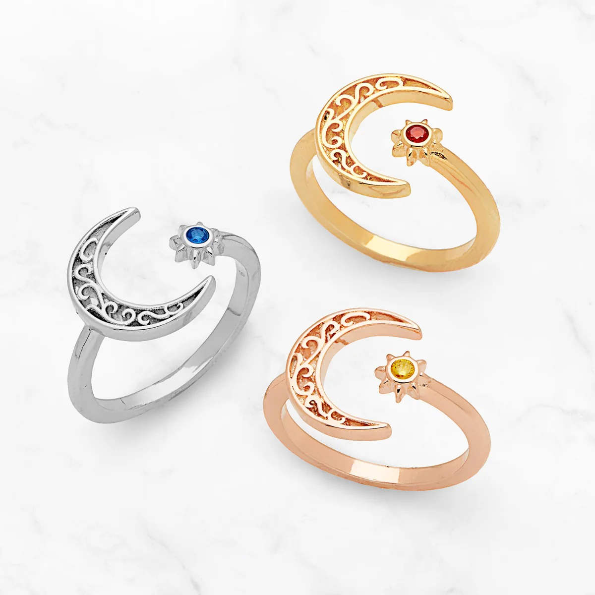 14K Rose Gold Plated Crescent Moon and Star Open Ring - Image 2