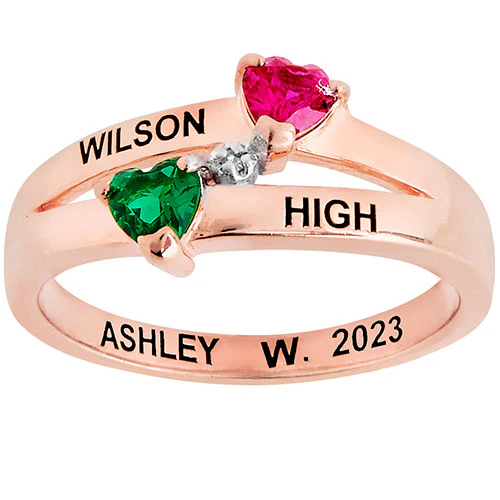14K Rose Gold Plated Double Birthstone Heart Diamond Accent Class Ring