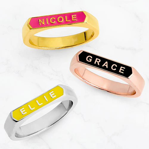 14K Rose Gold Plated Enamel Name Rectangle Ring - Image 4