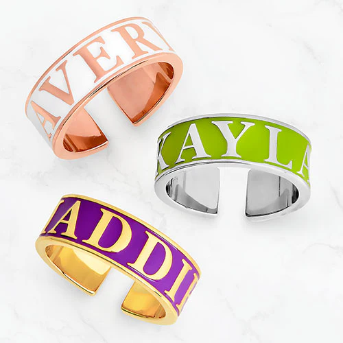 14K Rose Gold Plated Enamel Name Wide Band Ring - Image 4