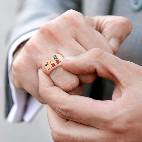 14K Rose Gold Plated Engraved Double Row Birthstones Signet Ring - Image 3