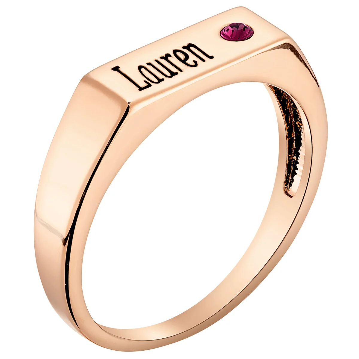 14K Rose Gold Plated Engraved Name and Birthstone Rectangle Ring - Image 3