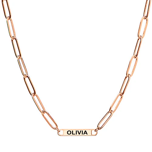 14K Rose Gold Plated Engraved Paperclip Station Necklace - Image 2