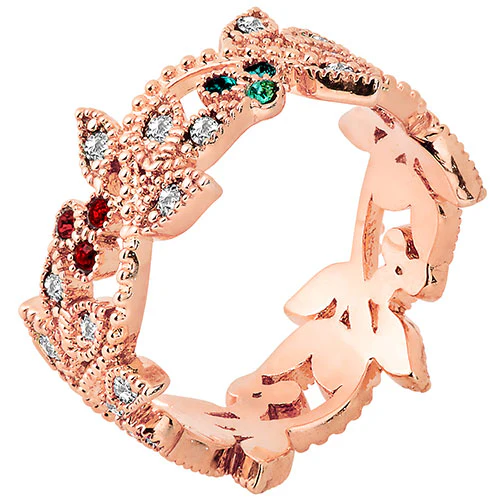 14K Rose Gold Plated Family Birthstone with Clear Leaves Band Ring - Image 2